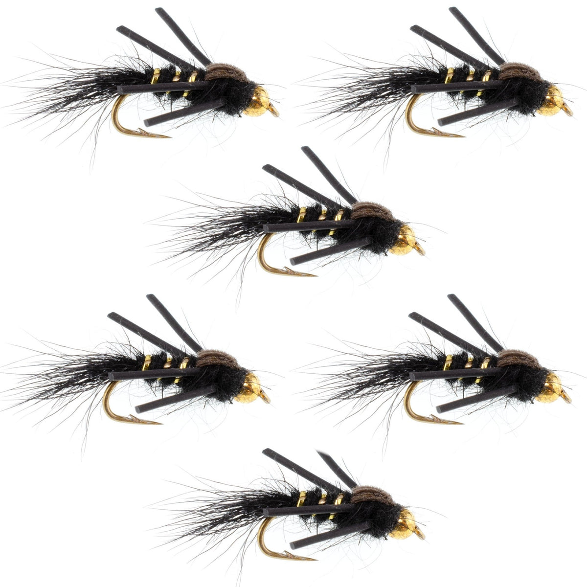 Tungsten Bead Head Rubber Legs Black Gold - Ribbed Hare's Ear Trout Fly Nymph - 6 Flies Hook Size 14 - Get Tight Gear