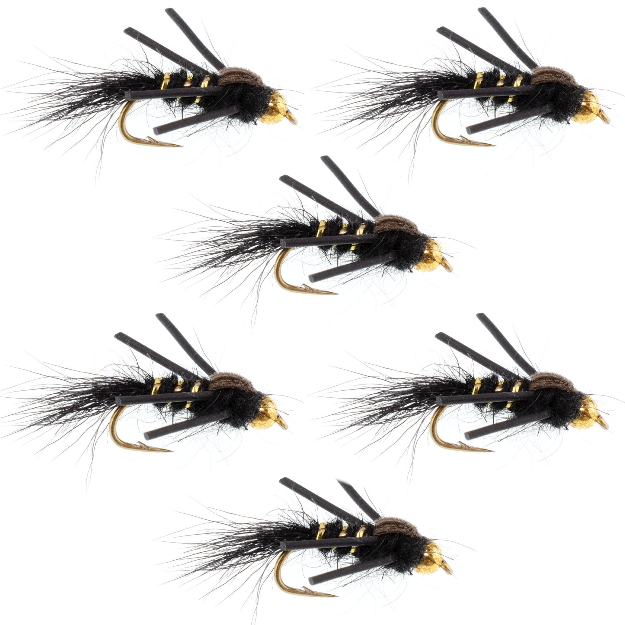 Tungsten Bead Head Rubber Legs Black Gold - Ribbed Hare's Ear Trout Fly Nymph - 6 Flies Hook Size 14 - Get Tight Gear