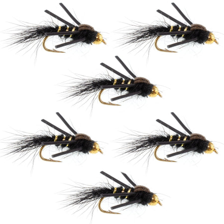 Tungsten Bead Head Rubber Legs Black Gold - Ribbed Hare's Ear Trout Fly Nymph - 6 Flies Hook Size 14 - Get Tight Gear
