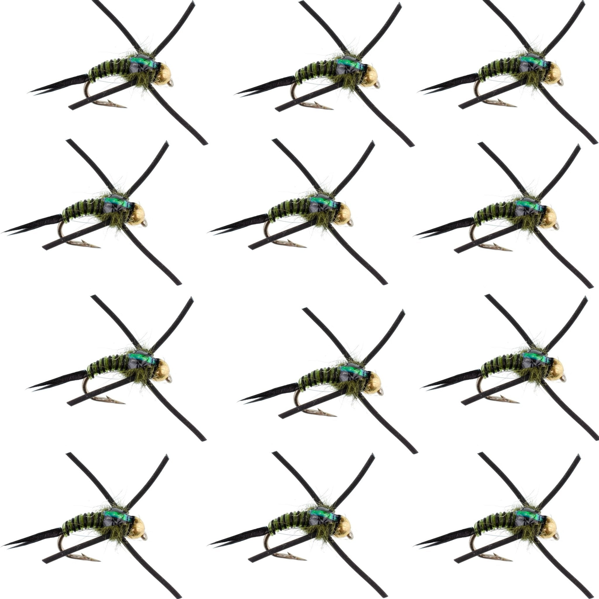 Tungsten Bead Head Rubber Legs Black Olive Zebra Copper John Nymph Fly Fishing Flies - 1 Dozen Flies Hook Size 12 - Get Tight Gear