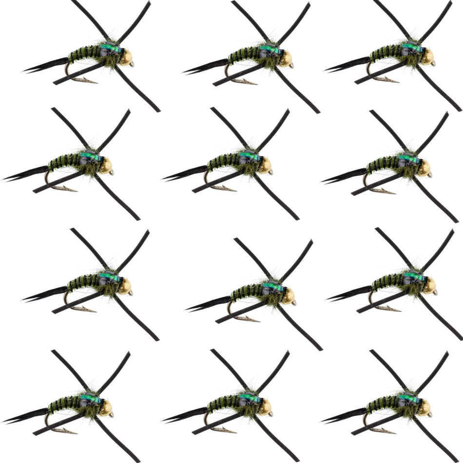 Tungsten Bead Head Rubber Legs Black Olive Zebra Copper John Nymph Fly Fishing Flies - 1 Dozen Flies Hook Size 12 - Get Tight Gear