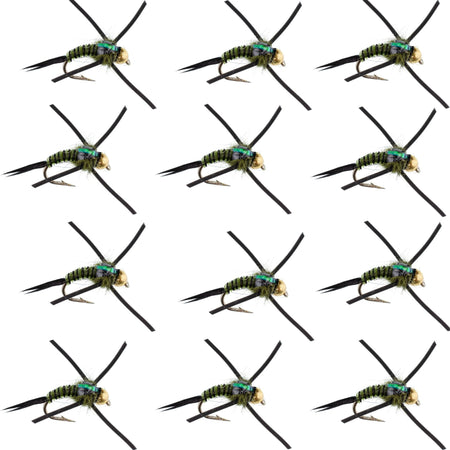 Tungsten Bead Head Rubber Legs Black Olive Zebra Copper John Nymph Fly Fishing Flies - 1 Dozen Flies Hook Size 14 - Get Tight Gear