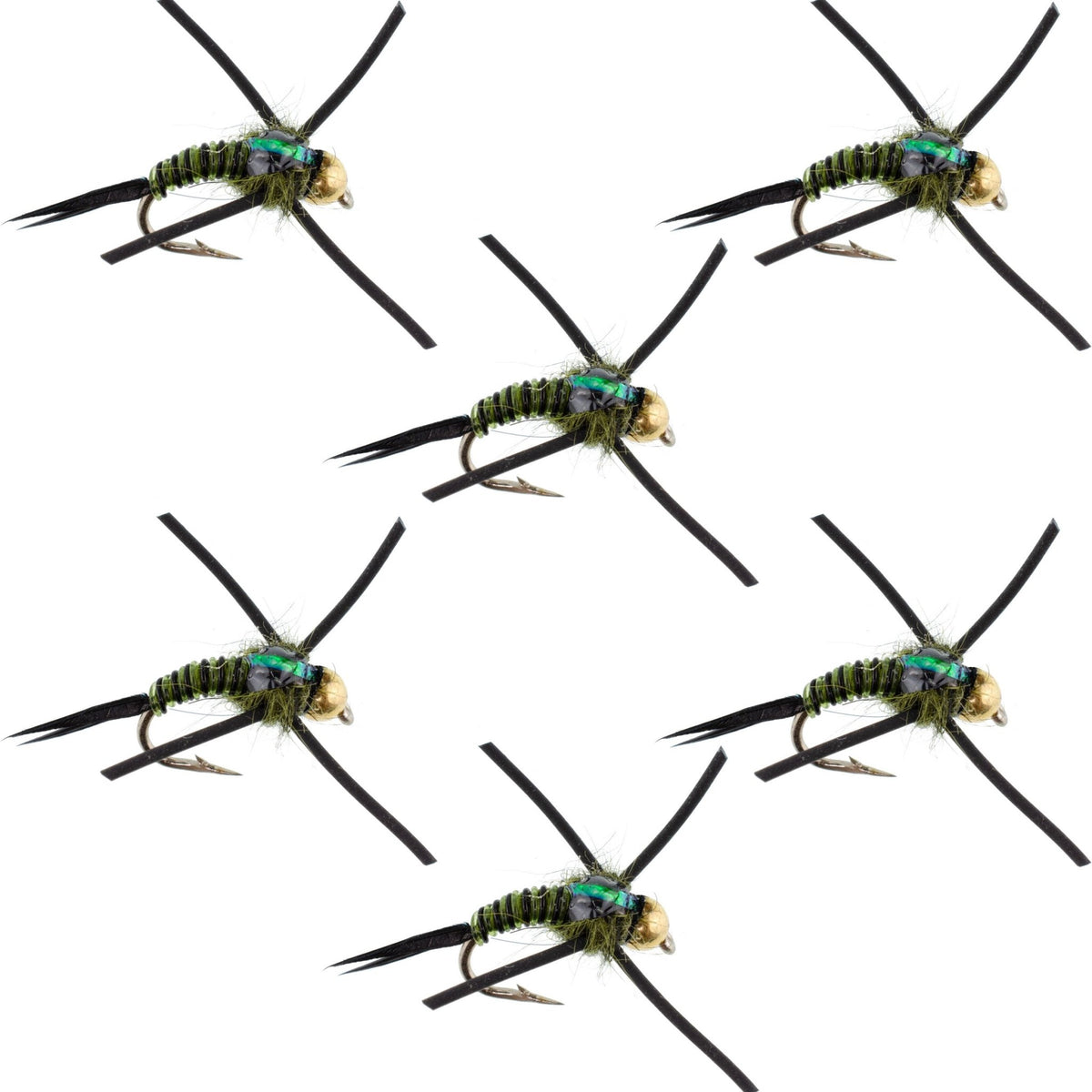 Tungsten Bead Head Rubber Legs Black Olive Zebra Copper John Nymph Fly Fishing Flies - Set of 6 Flies Hook Size 12 - Get Tight Gear