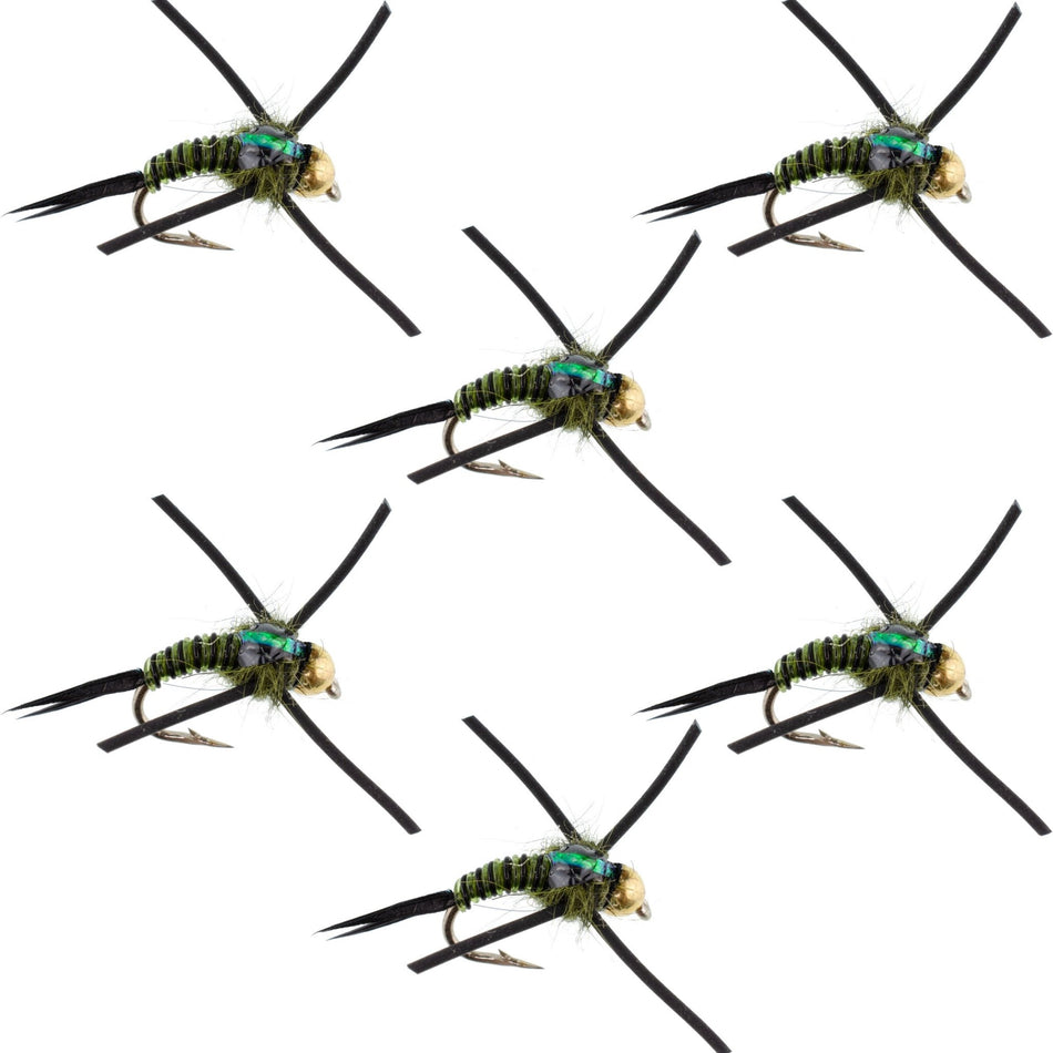 Tungsten Bead Head Rubber Legs Black Olive Zebra Copper John Nymph Fly Fishing Flies - Set of 6 Flies Hook Size 12 - Get Tight Gear