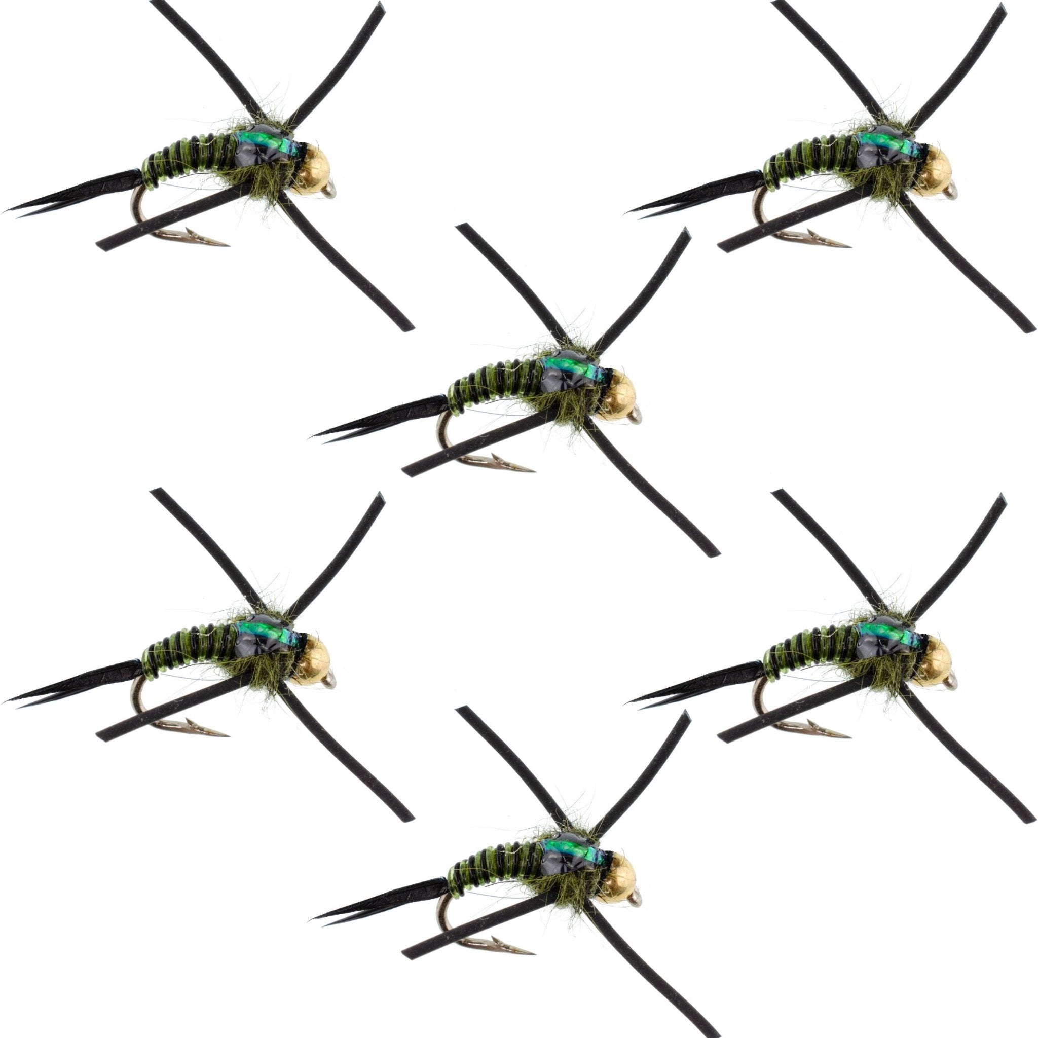 Tungsten Bead Head Rubber Legs Black Olive Zebra Copper John Nymph Fly Fishing Flies - Set of 6 Flies Hook Size 14 - Get Tight Gear