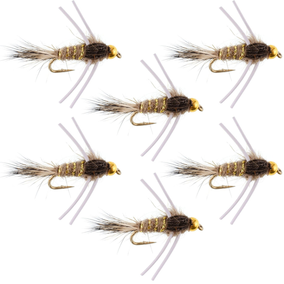 Tungsten Bead Head Rubber Legs Natural Gold - Ribbed Hare's Ear Trout Fly Nymph - 6 Flies Hook Size 12 - Get Tight Gear