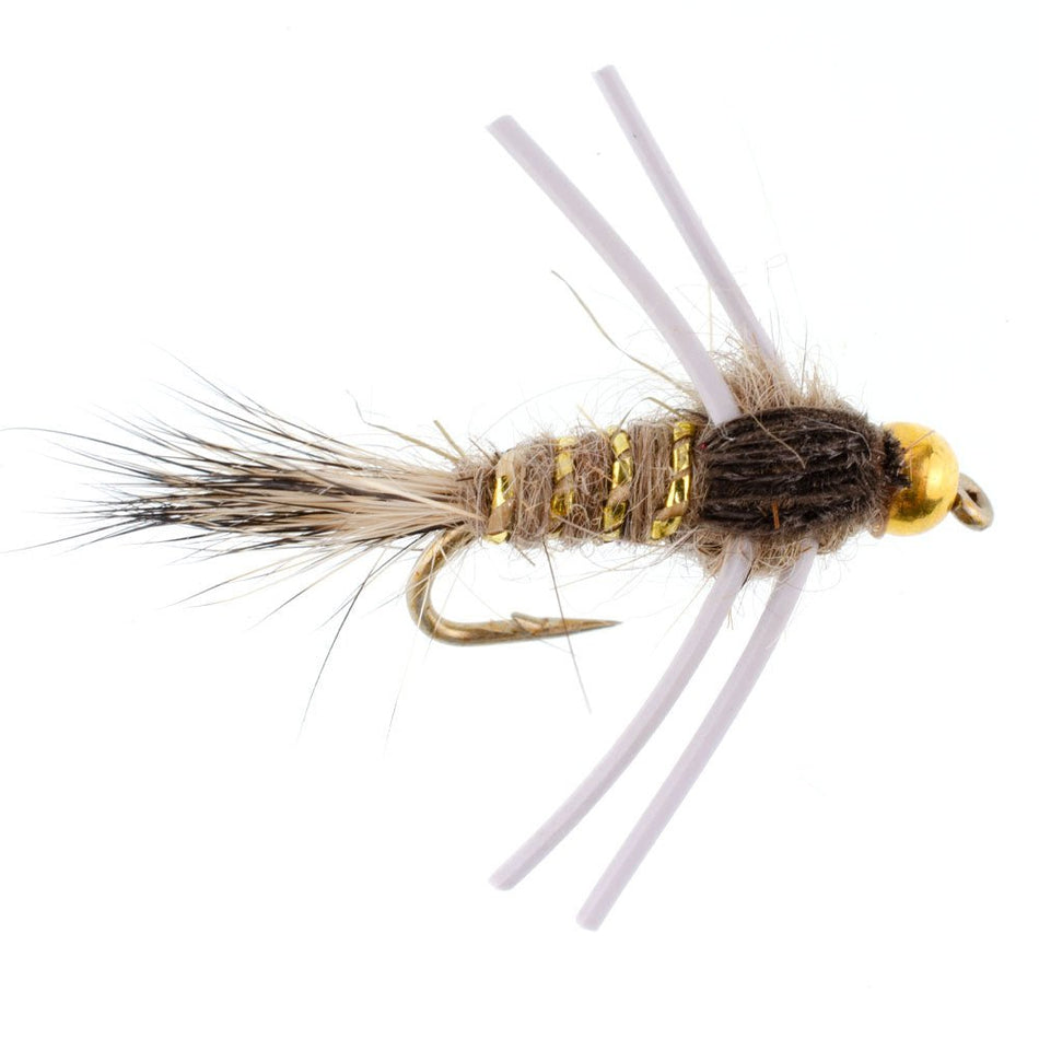 Tungsten Bead Head Rubber Legs Natural Gold - Ribbed Hare's Ear Trout Fly Nymph - 6 Flies Hook Size 16 - Get Tight Gear