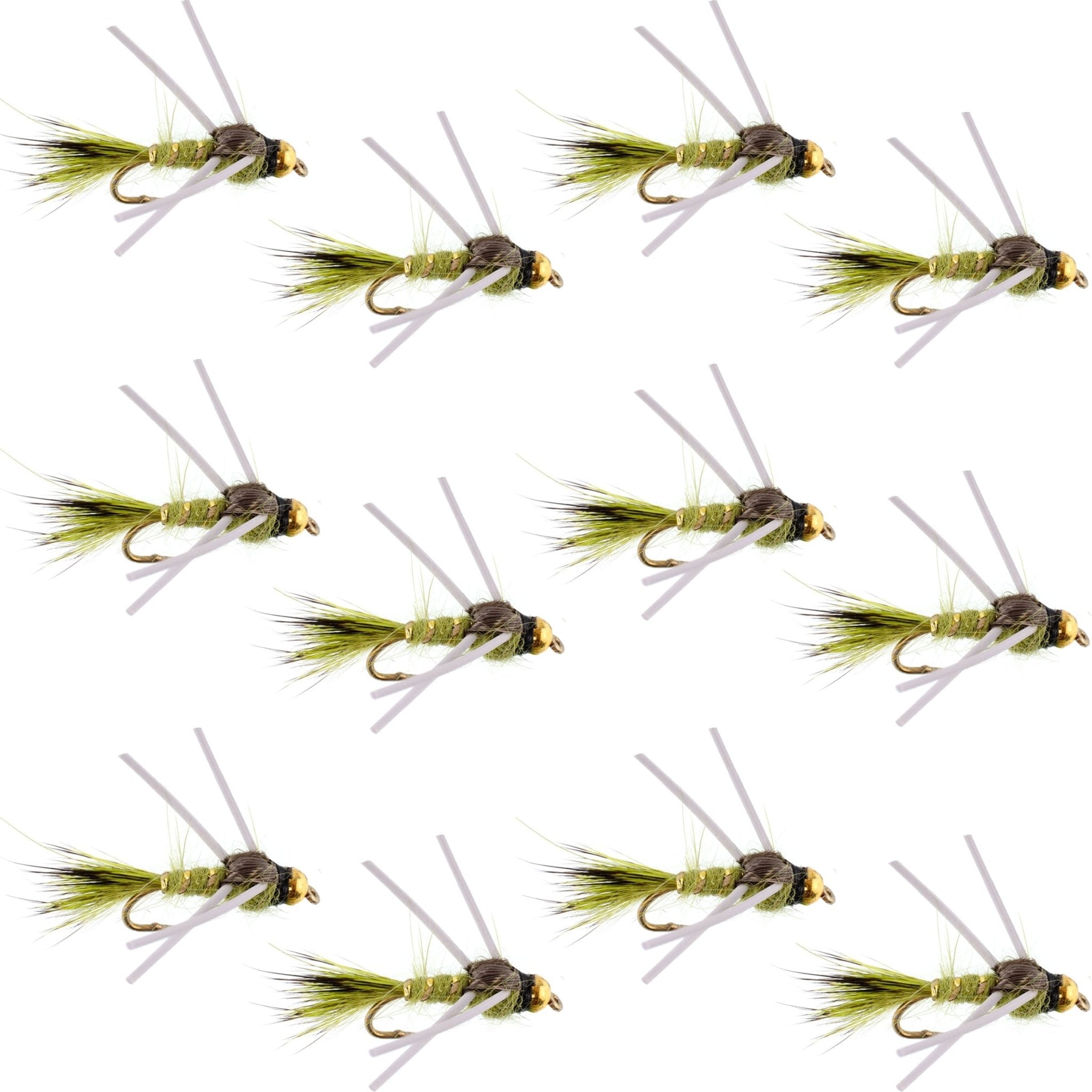 Tungsten Bead Head Rubber Legs Olive Gold - Ribbed Hare's Ear Trout Fly Nymph - 1 Dozen Flies Hook Size 12 - Get Tight Gear
