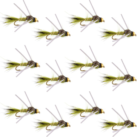 Tungsten Bead Head Rubber Legs Olive Gold - Ribbed Hare's Ear Trout Fly Nymph - 1 Dozen Flies Hook Size 12 - Get Tight Gear