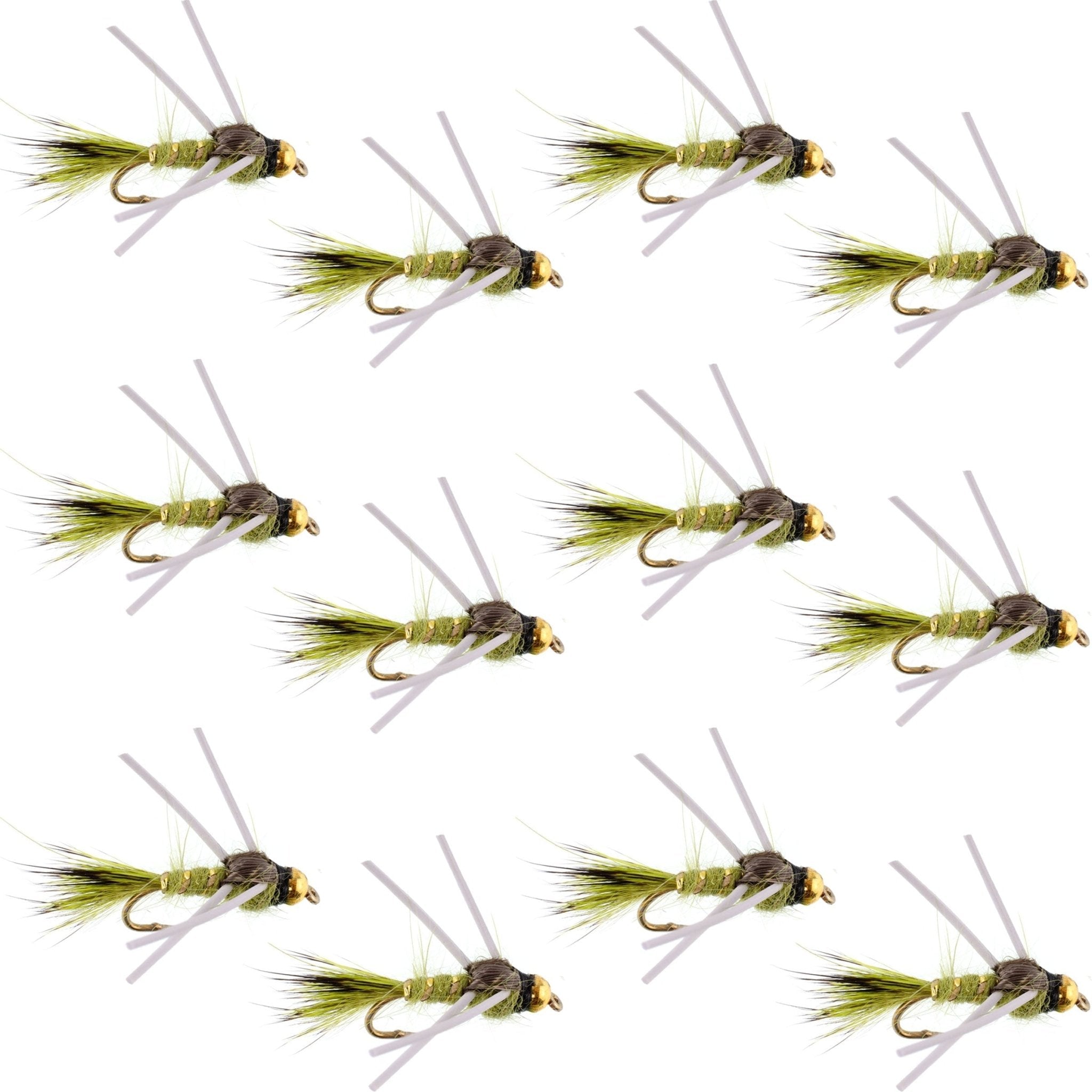 Tungsten Bead Head Rubber Legs Olive Gold - Ribbed Hare's Ear Trout Fly Nymph - 1 Dozen Flies Hook Size 14 - Get Tight Gear