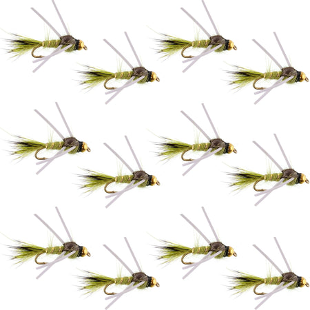 Tungsten Bead Head Rubber Legs Olive Gold - Ribbed Hare's Ear Trout Fly Nymph - 1 Dozen Flies Hook Size 14 - Get Tight Gear