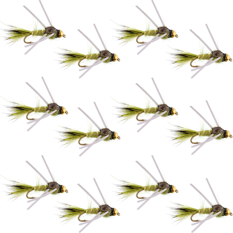 Tungsten Bead Head Rubber Legs Olive Gold - Ribbed Hare's Ear Trout Fly Nymph - 1 Dozen Flies Hook Size 14 - Get Tight Gear