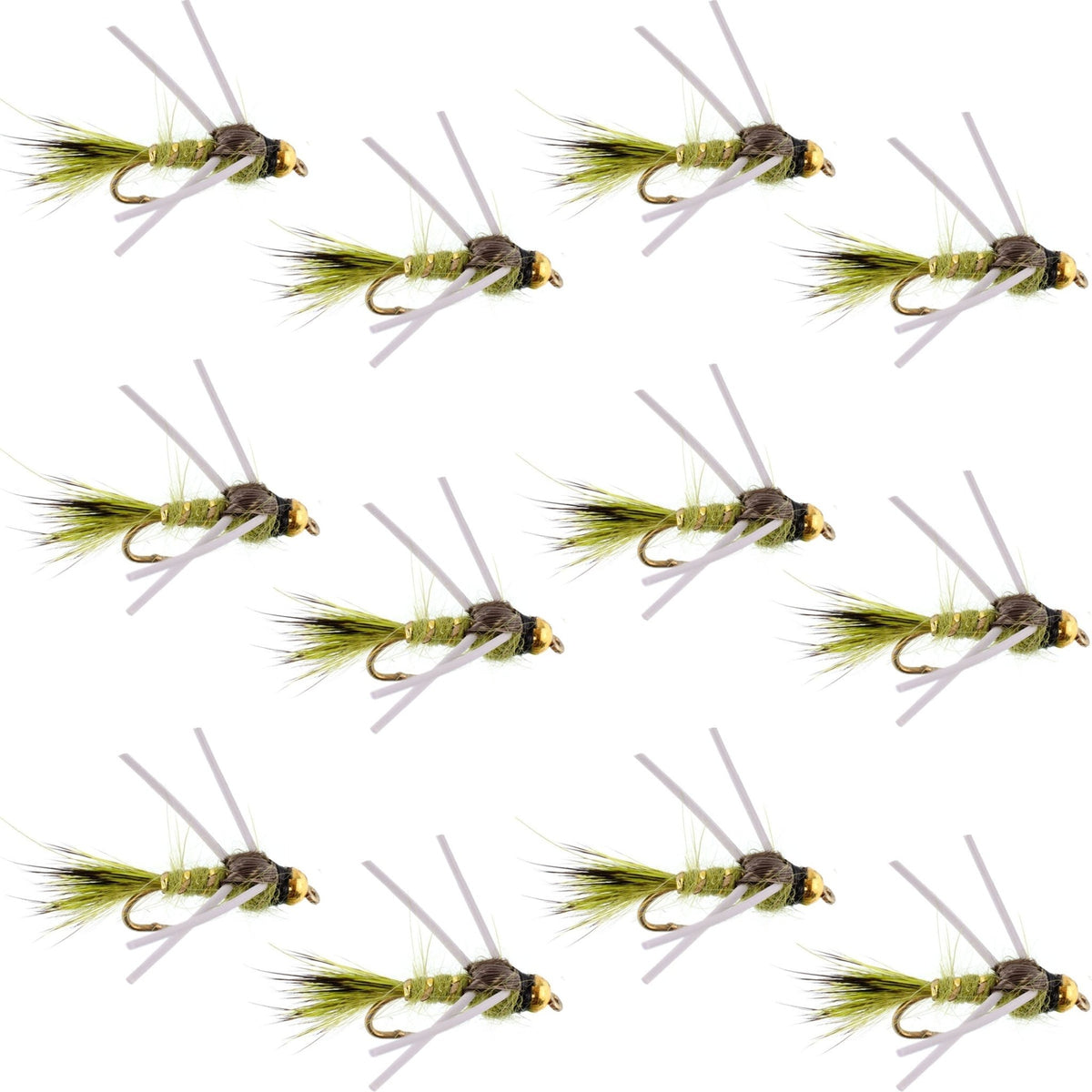 Tungsten Bead Head Rubber Legs Olive Gold - Ribbed Hare's Ear Trout Fly Nymph - 1 Dozen Flies Hook Size 16 - Get Tight Gear