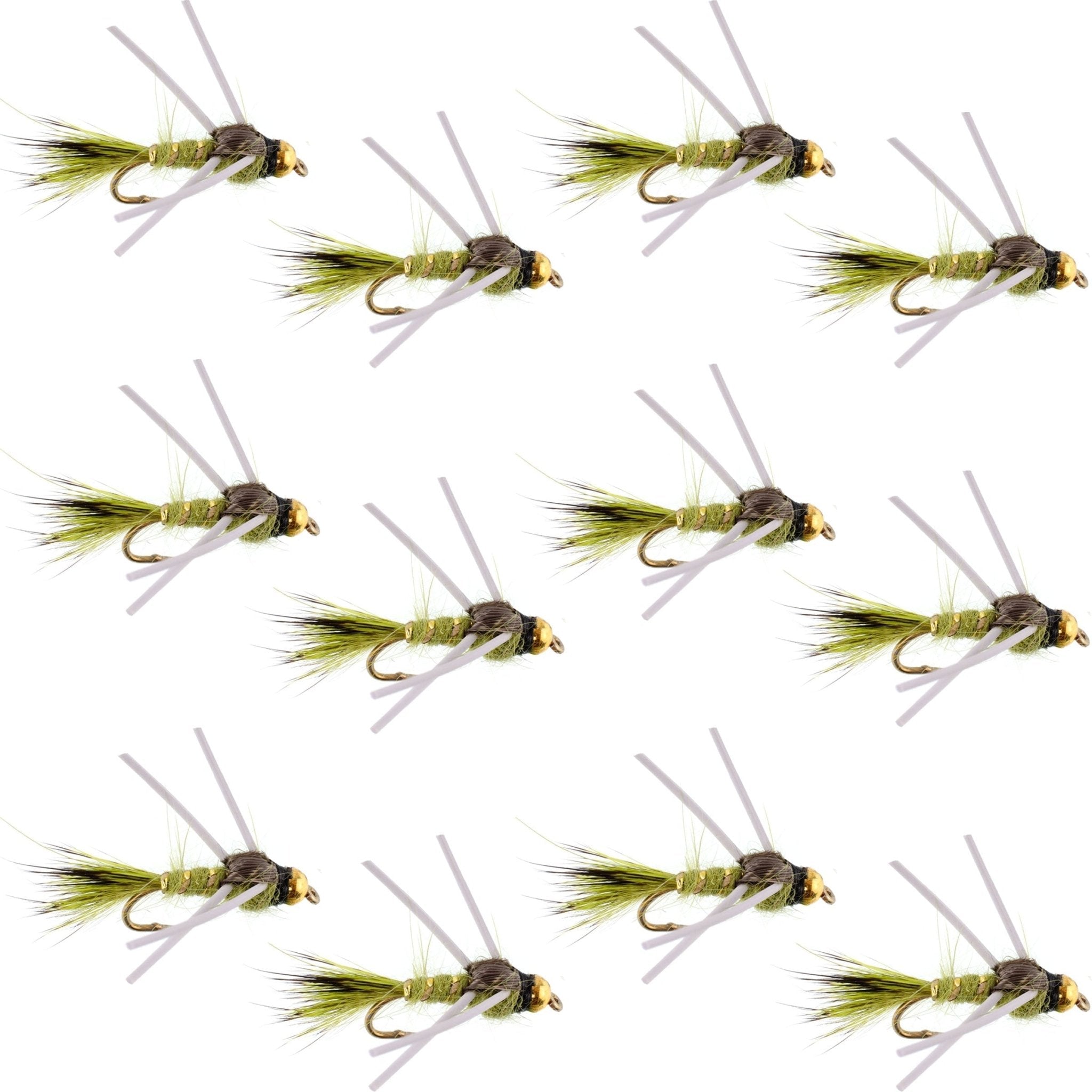 Tungsten Bead Head Rubber Legs Olive Gold - Ribbed Hare's Ear Trout Fly Nymph - 1 Dozen Flies Hook Size 16 - Get Tight Gear