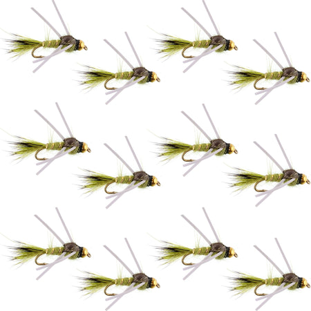 Tungsten Bead Head Rubber Legs Olive Gold - Ribbed Hare's Ear Trout Fly Nymph - 1 Dozen Flies Hook Size 16 - Get Tight Gear