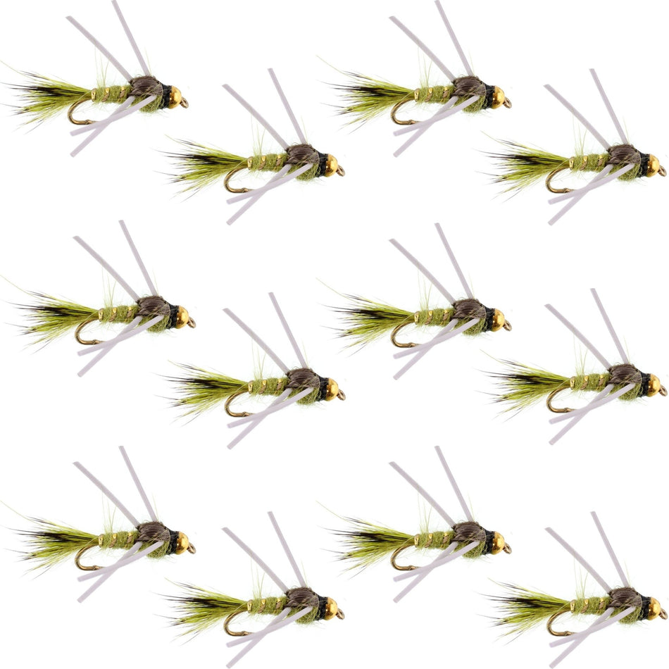 Tungsten Bead Head Rubber Legs Olive Gold - Ribbed Hare's Ear Trout Fly Nymph - 1 Dozen Flies Hook Size 16 - Get Tight Gear