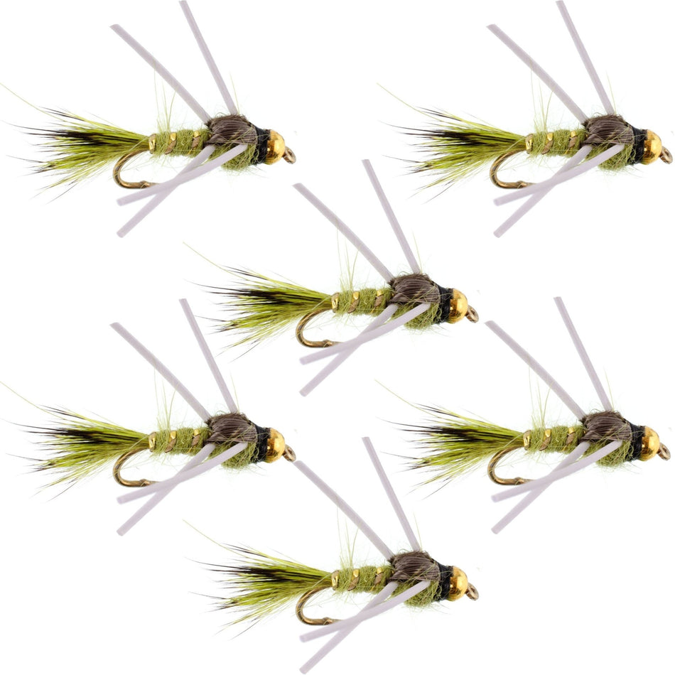 Tungsten Bead Head Rubber Legs Olive Gold - Ribbed Hare's Ear Trout Fly Nymph - 6 Flies Hook Size 14 - Get Tight Gear
