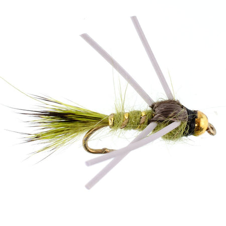 Tungsten Bead Head Rubber Legs Olive Gold - Ribbed Hare's Ear Trout Fly Nymph - 6 Flies Hook Size 14 - Get Tight Gear