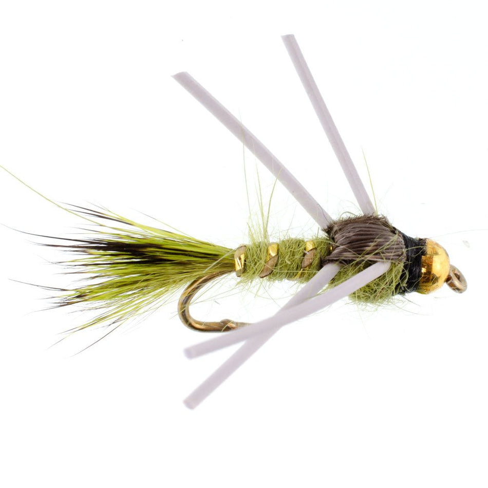 Tungsten Bead Head Rubber Legs Olive Gold - Ribbed Hare's Ear Trout Fly Nymph - 6 Flies Hook Size 14 - Get Tight Gear