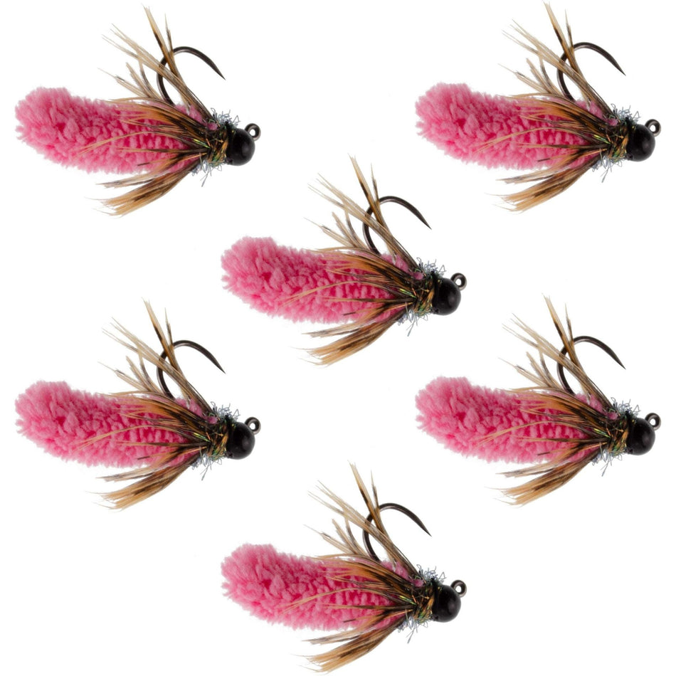 Tungsten Bead Hot Pink Mop Fly Tactical Jig Czech Euro Nymph Barbless Fly 6 Flies - Size 14 - Get Tight Gear