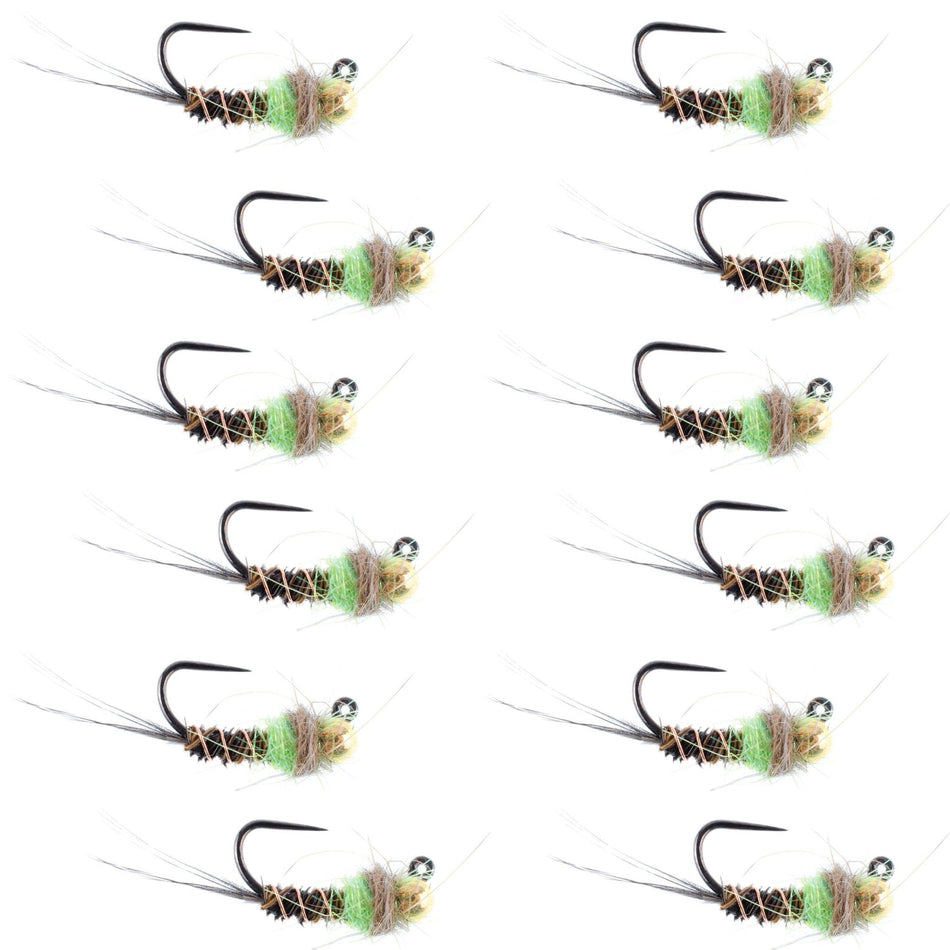 Tungsten Bead Hot Spot Pheasant Tail Tactical Jig Chartreuse Czech Nymph Euro Nymphing Fly - 1 Dozen Flies Size 14 - Get Tight Gear