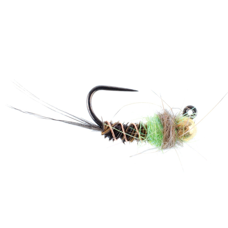 Tungsten Bead Hot Spot Pheasant Tail Tactical Jig Chartreuse Czech Nymph Euro Nymphing Fly - 1 Dozen Flies Size 16 - Get Tight Gear