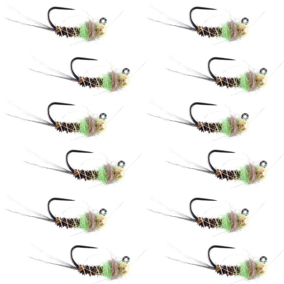 Tungsten Bead Hot Spot Pheasant Tail Tactical Jig Chartreuse Czech Nymph Euro Nymphing Fly - 1 Dozen Flies Size 16 - Get Tight Gear