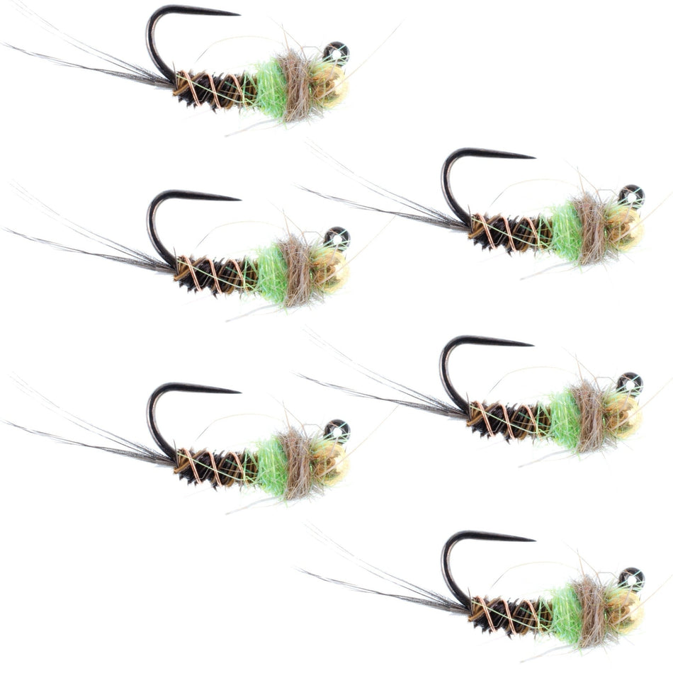 Tungsten Bead Hot Spot Pheasant Tail Tactical Jig Chartreuse Czech Nymph Euro Nymphing Fly - 6 Flies Size 12 - Get Tight Gear