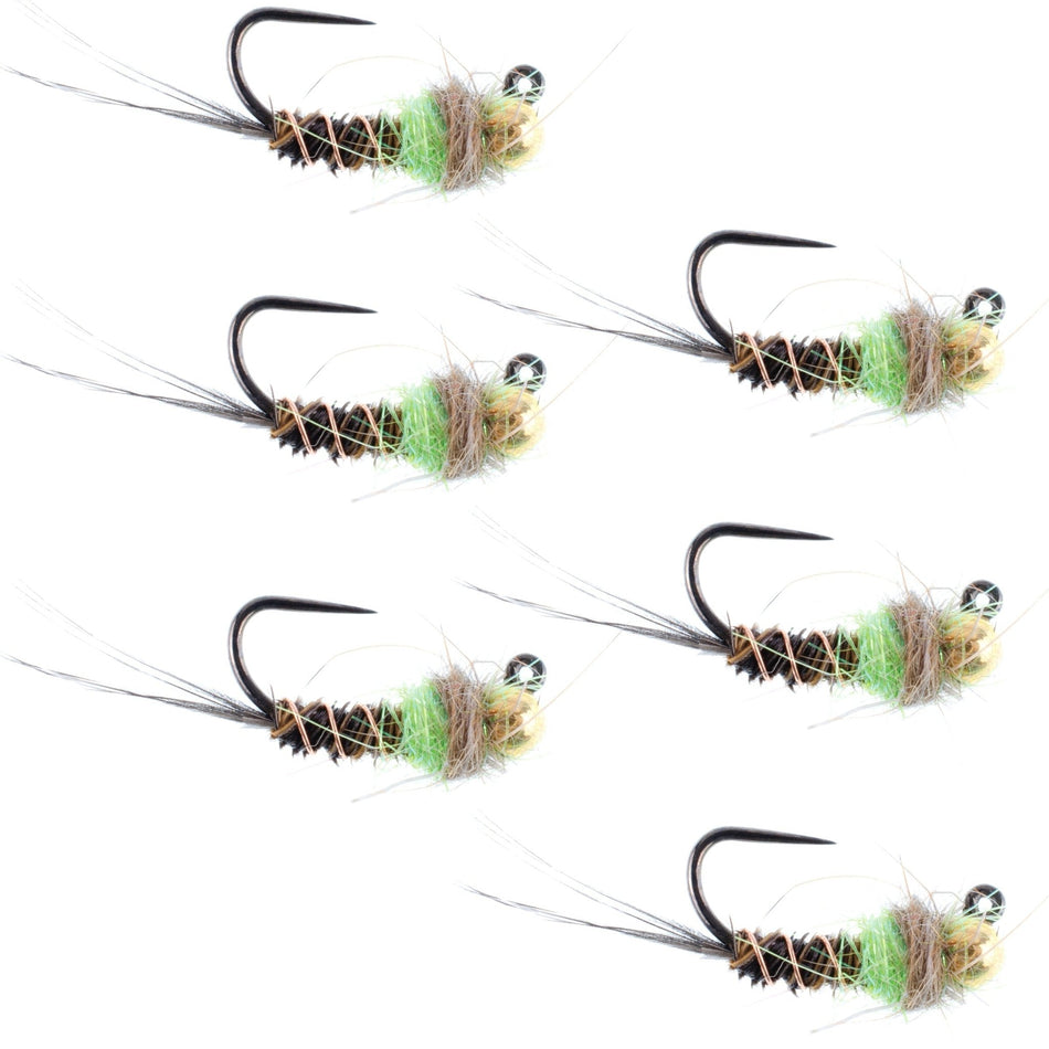 Tungsten Bead Hot Spot Pheasant Tail Tactical Jig Chartreuse Czech Nymph Euro Nymphing Fly - 6 Flies Size 14 - Get Tight Gear