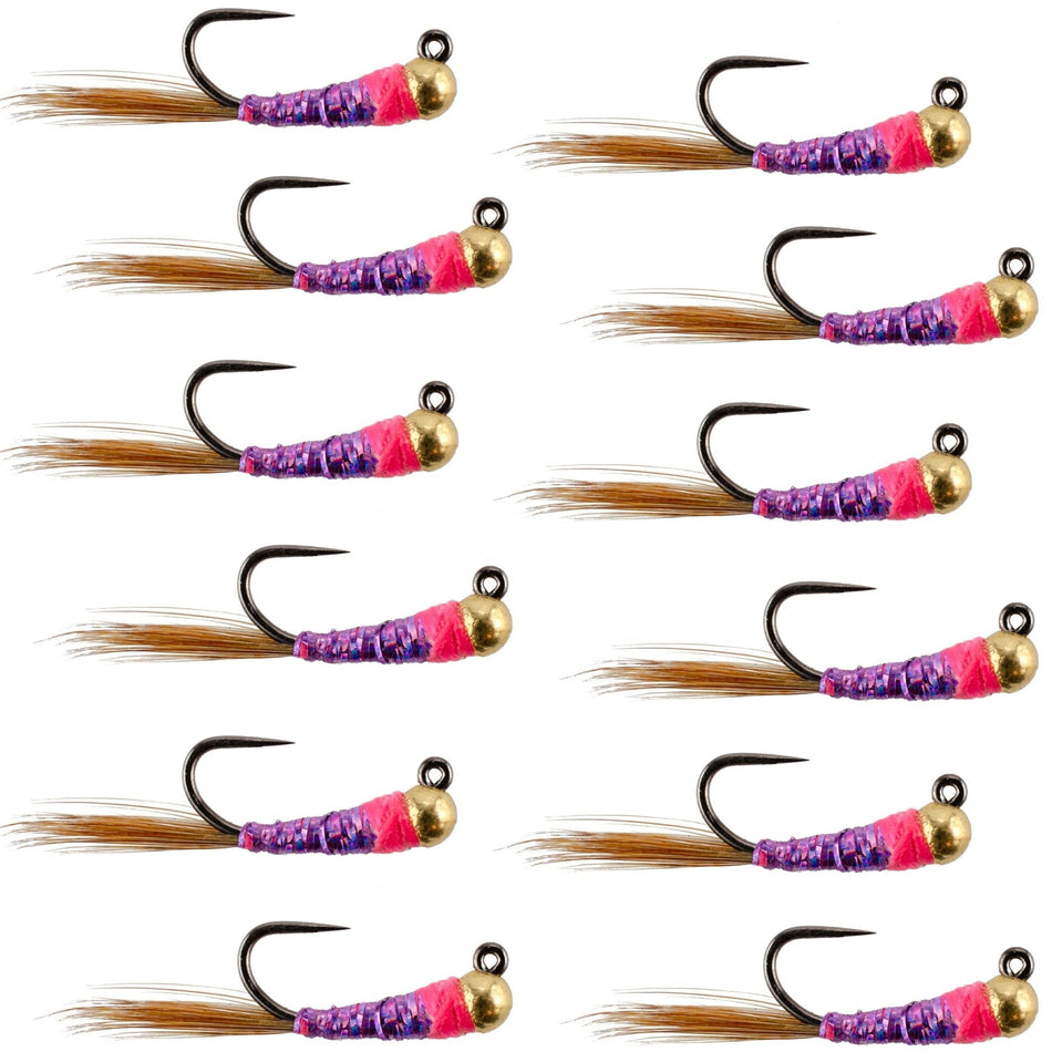 Tungsten Bead Hot Spot Purple Perdigon Tactical Jig Spanish Czech Euro Nymph Fly - 1 Dozen Flies Size 14 - Get Tight Gear