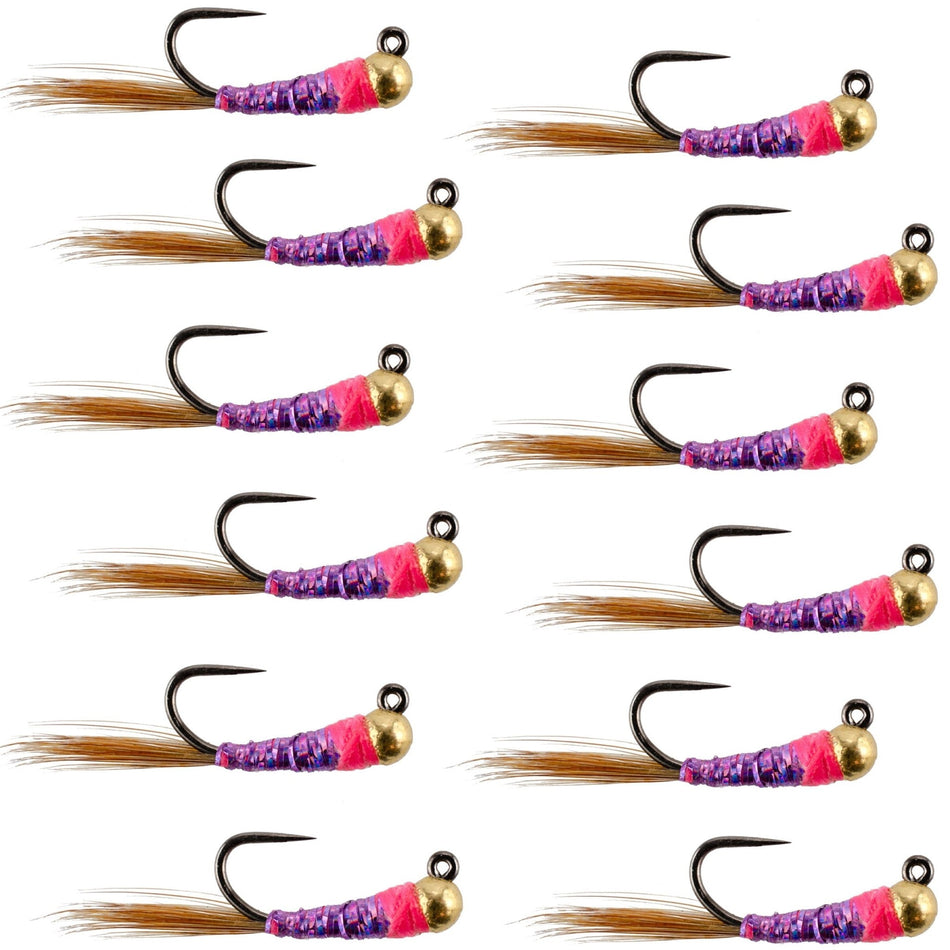 Tungsten Bead Hot Spot Purple Perdigon Tactical Jig Spanish Czech Euro Nymph Fly - 1 Dozen Flies Size 16 - Get Tight Gear