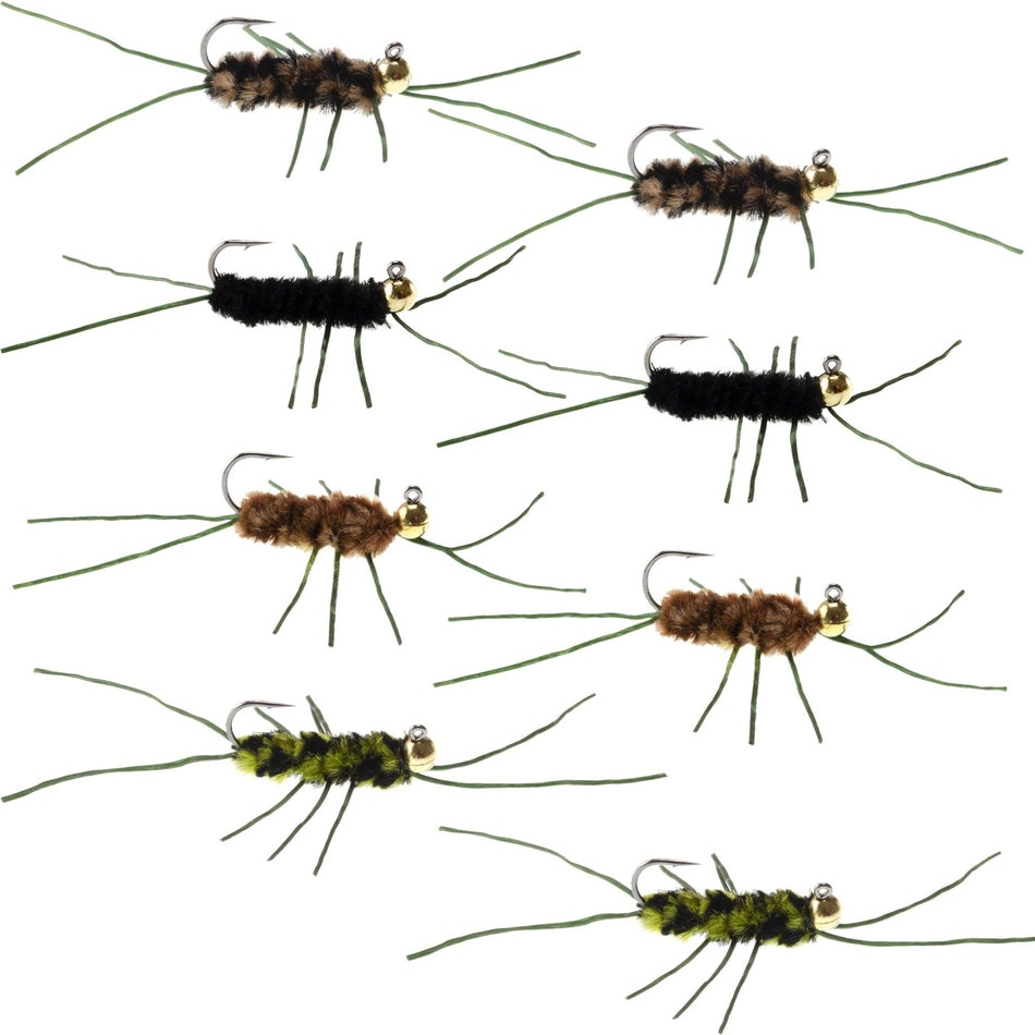 Tungsten Bead Jigged Pat's Rubber Legs Euro Nymph Assortment Fly Fishing Flies - 8 Flies Hook Size 10 - Get Tight Gear