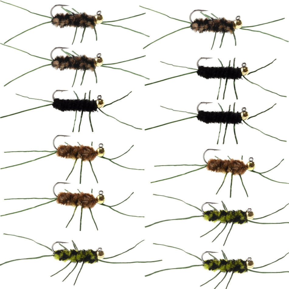 Tungsten Bead Jigged Pat's Rubber Legs Nymph Assortment Euro Fly Fishing Flies - Trout and Bass Wet Fly Pattern - 12 Flies Hook Size 10 - Get Tight Gear