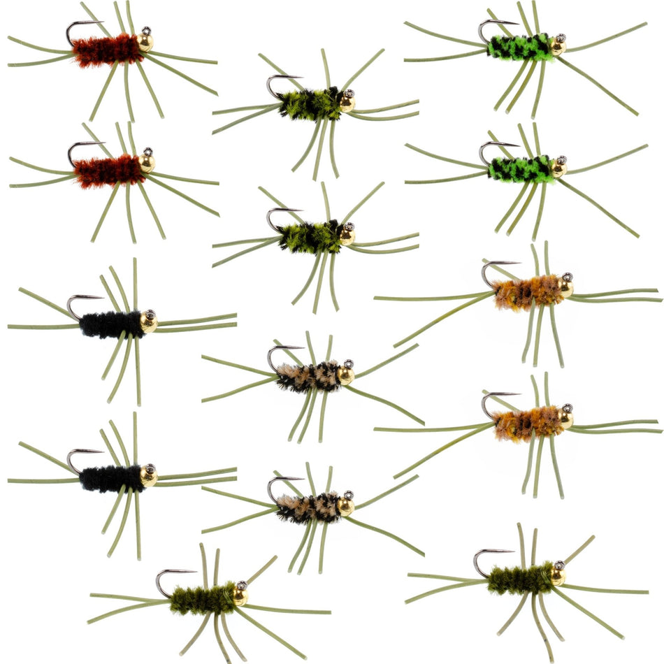 Tungsten Bead Jigged Pat's Rubber Legs Nymph Assortment Fly Fishing Flies - Trout and Bass Wet Fly Pattern - 14 Flies 7 Colors Hook Size 10 - Get Tight Gear