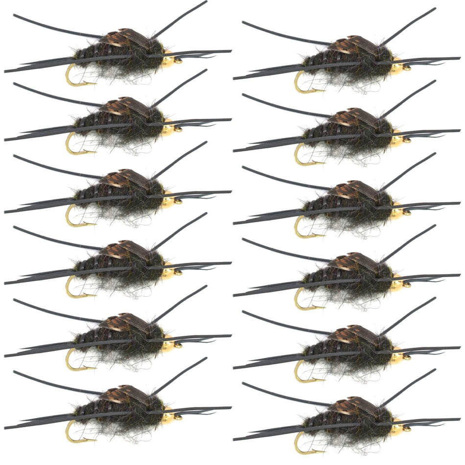 Tungsten Bead Kaufmann's Black Stone Fly with Rubber Legs - Stonefly Wet Fly - 1 Dozen Flies Hook Size 6 - Get Tight Gear