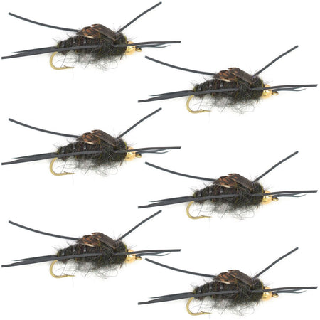 Tungsten Bead Kaufmann's Black Stone Fly with Rubber Legs - Stonefly Wet Fly - 6 Flies Hook Size 12 - Get Tight Gear