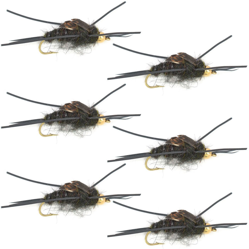 Tungsten Bead Kaufmann's Black Stone Fly with Rubber Legs - Stonefly Wet Fly - 6 Flies Hook Size 4 - Get Tight Gear