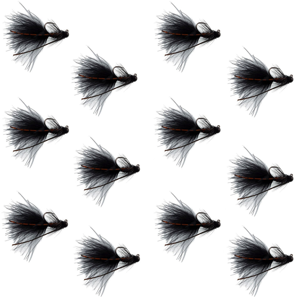 Tungsten Bead Tactical Black Mini Bugger Czech Nymph Euro Nymphing Fly - 1 Dozen Flies Size 8 - Get Tight Gear