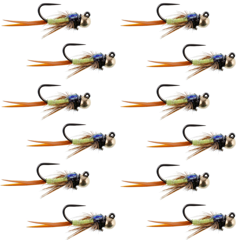 Tungsten Bead Tactical Jig Copper John Chartreuse Czech Nymph Euro Nymphing Fly - 1 Dozen Flies Size 12 - Get Tight Gear