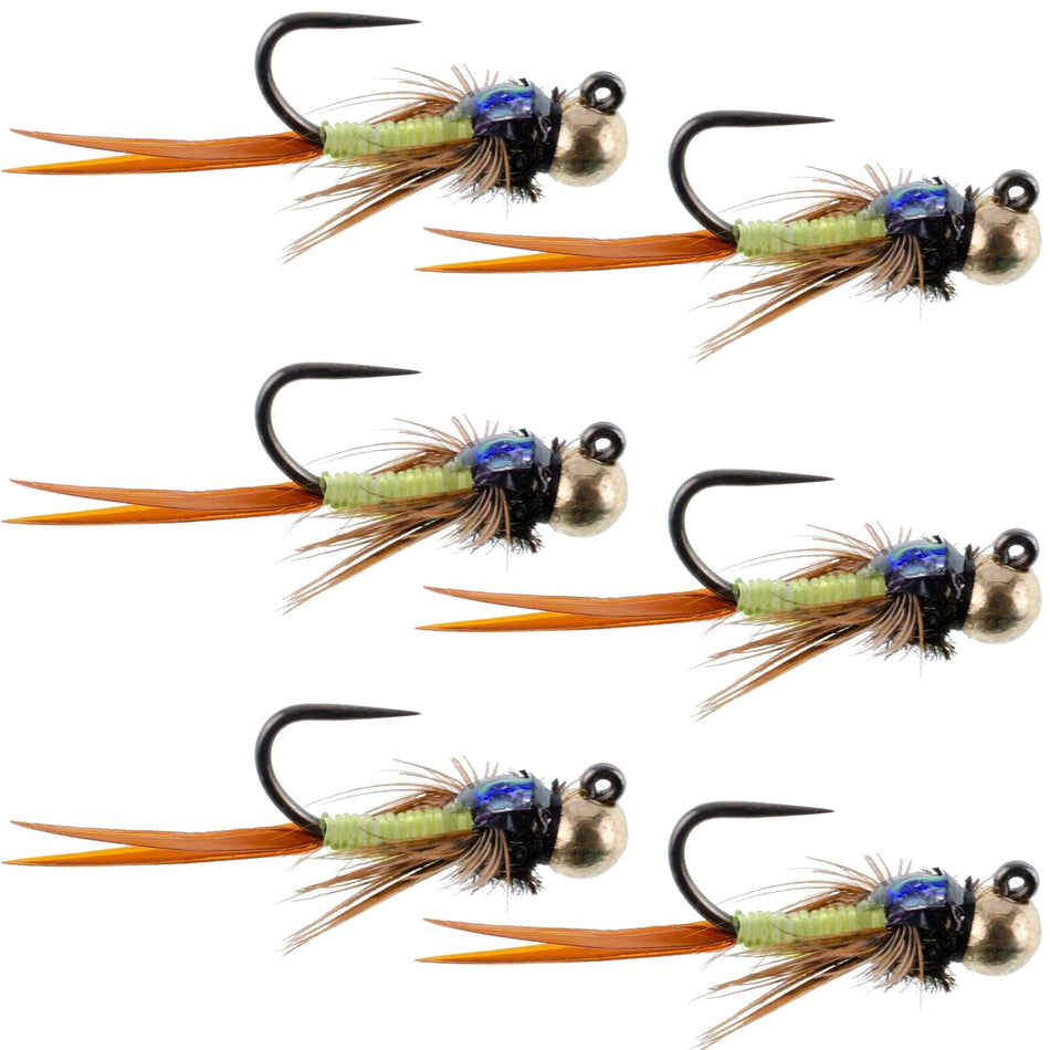 Tungsten Bead Tactical Jig Copper John Chartreuse Czech Nymph Euro Nymphing Fly - 6 Flies Size 14 - Get Tight Gear