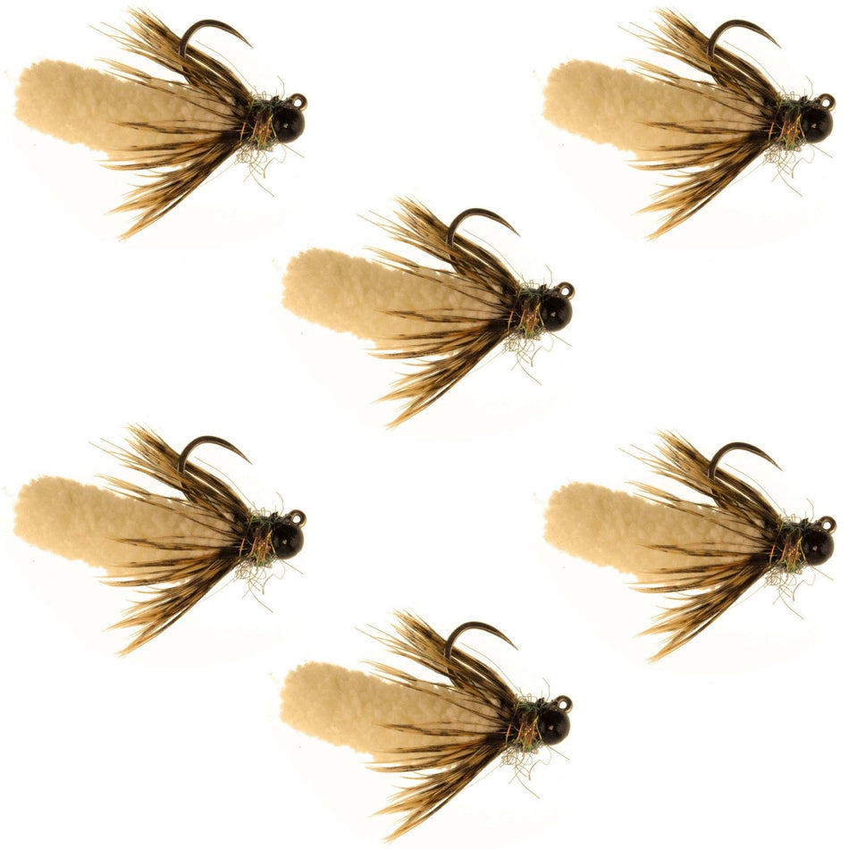 Tungsten Bead Tan Mop Fly Tactical Jig Czech Euro Nymph Barbless Fly 6 Flies - Size 14 - Get Tight Gear