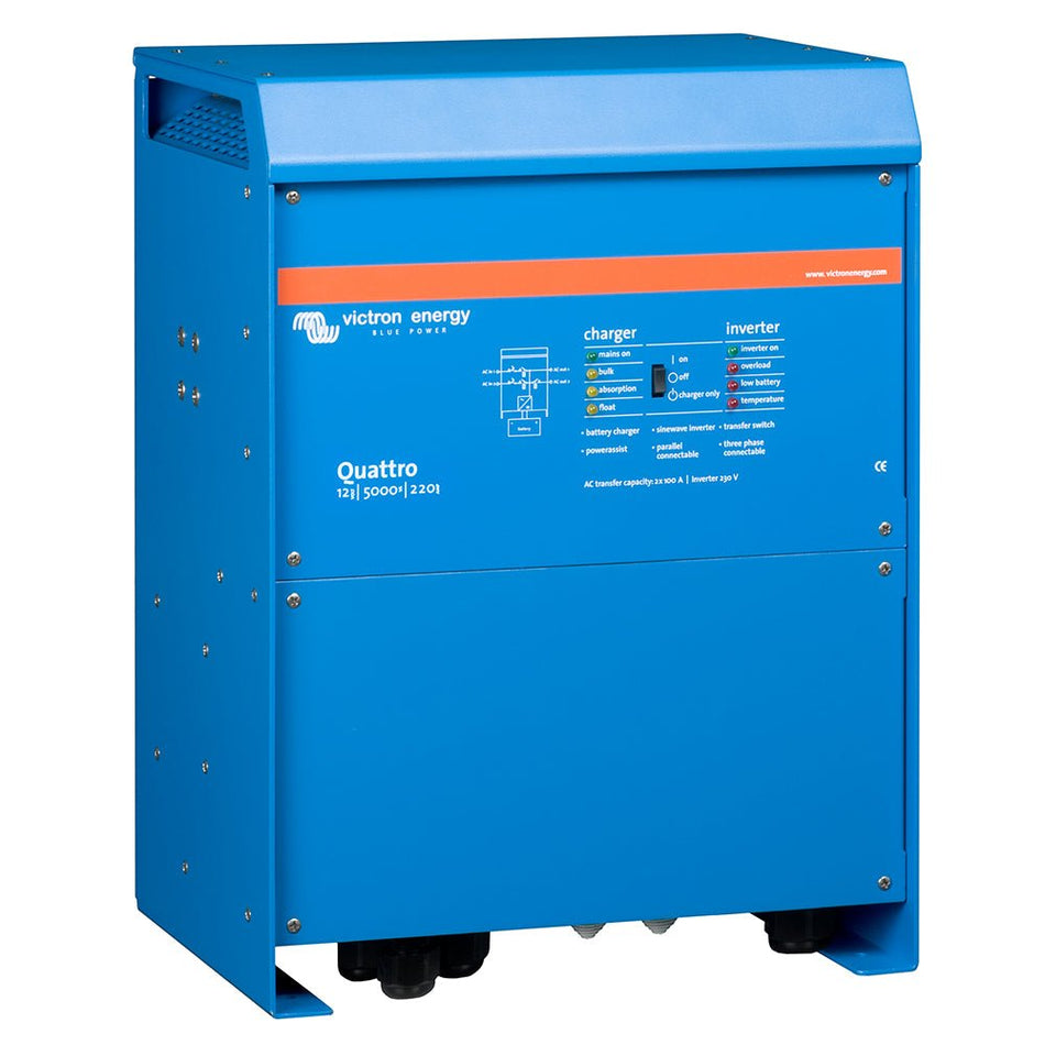 Victron Quattro Inverter/Charger 12 VDC - 5000W - Dual 100AMP 120VAC Inputs - Auto Transfer Switch - 200AMP Battery Charger - Stackable - Get Tight Gear