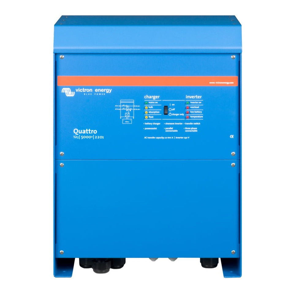 Victron Quattro Inverter/Charger 12 VDC - 5000W - Dual 100AMP 120VAC Inputs - Auto Transfer Switch - 200AMP Battery Charger - Stackable - Get Tight Gear