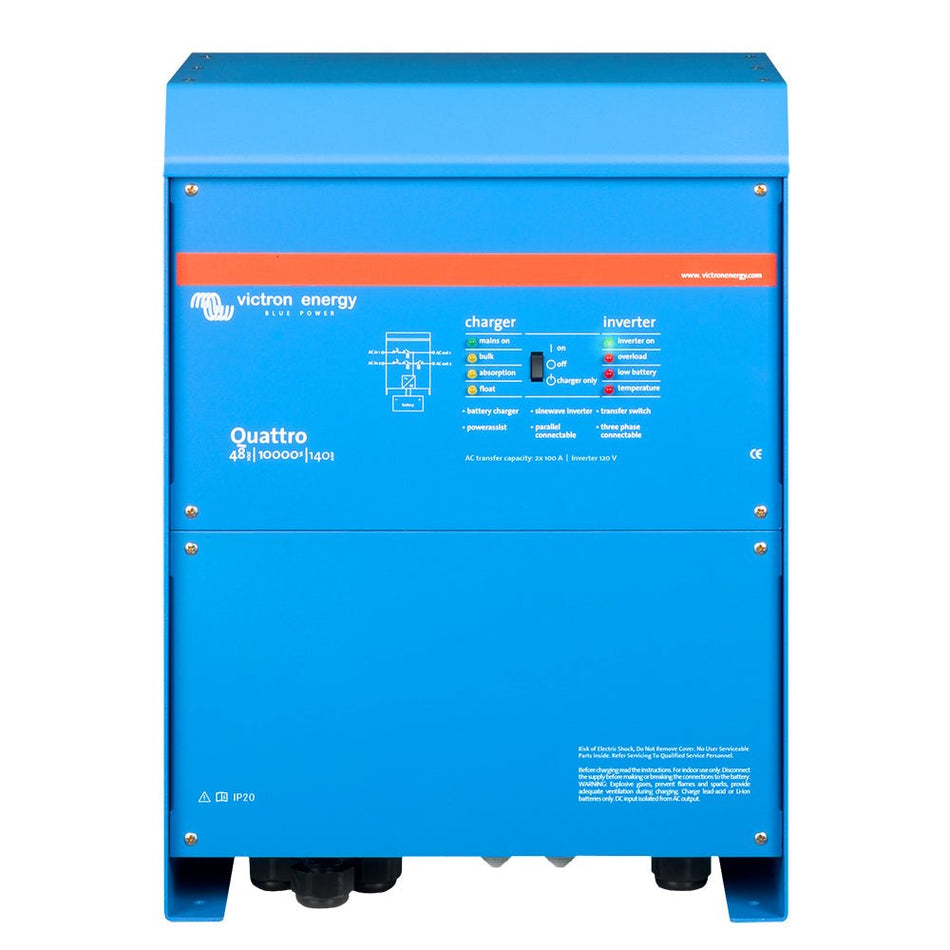 Victron Quattro Inverter/Charger 48 VDC - 10,000W - Dual 100AMP 120V AC Inputs - Auto Transfer Switch - 140AMP Battery Charger - Stackable - Get Tight Gear