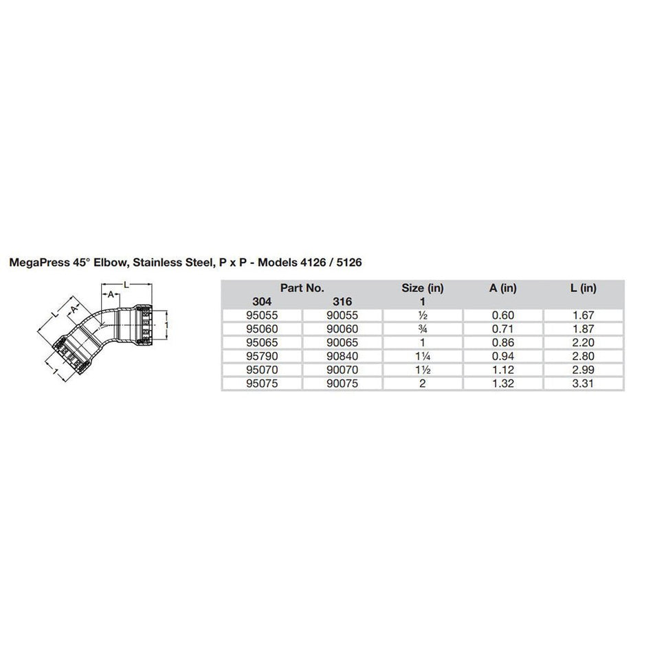 Viega MegaPress 1 - 1/2" 45 Stainless Steel 304 Elbow - Double Press Connection - Smart Connect Technology - Get Tight Gear