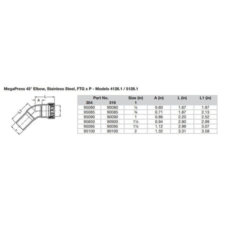 Viega MegaPress 1 - 1/2" 45 Stainless Steel 304 Elbow Street - Press Connection - Smart Connect Technology - Get Tight Gear