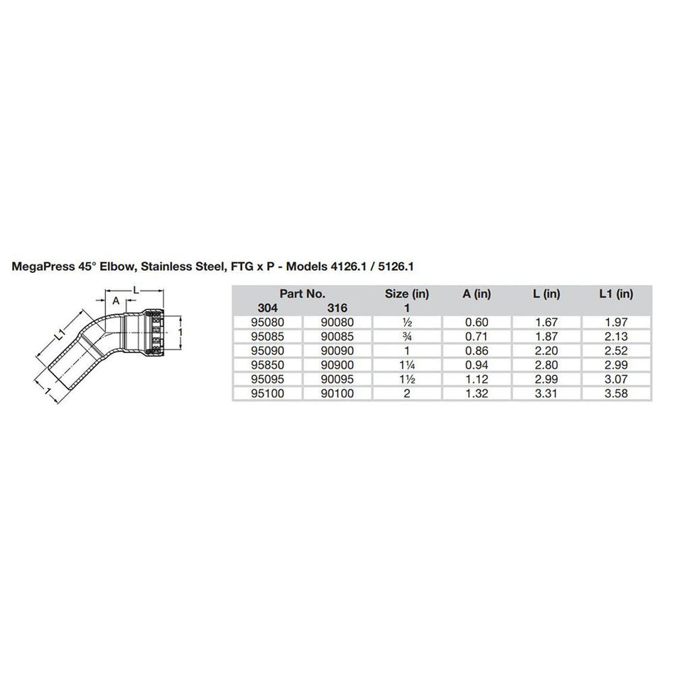 Viega MegaPress 1 - 1/2" 45 Stainless Steel 304 Elbow Street - Press Connection - Smart Connect Technology - Get Tight Gear