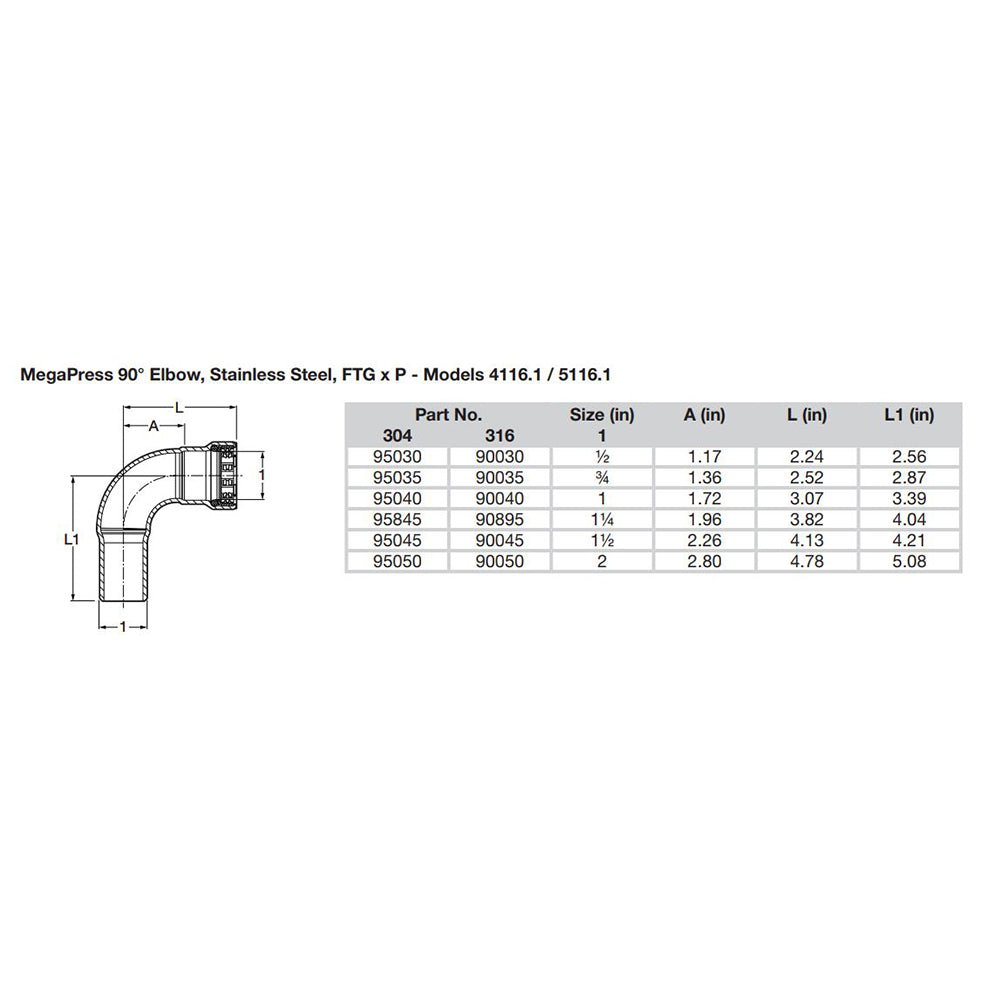 Viega MegaPress 1 - 1/2" 90 Stainless Steel 304 Elbow Street - Press Connection - Smart Connect Technology - Get Tight Gear