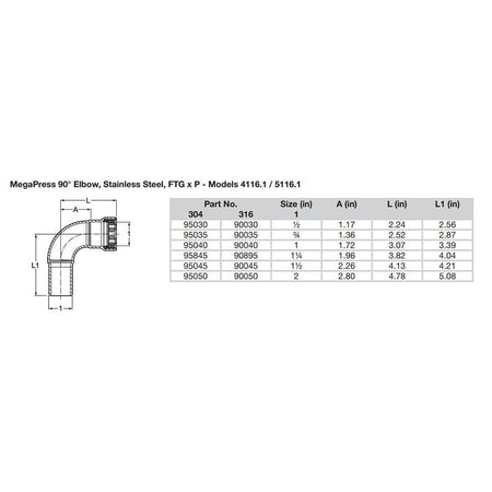 Viega MegaPress 1 - 1/2" 90 Stainless Steel 304 Elbow Street - Press Connection - Smart Connect Technology - Get Tight Gear