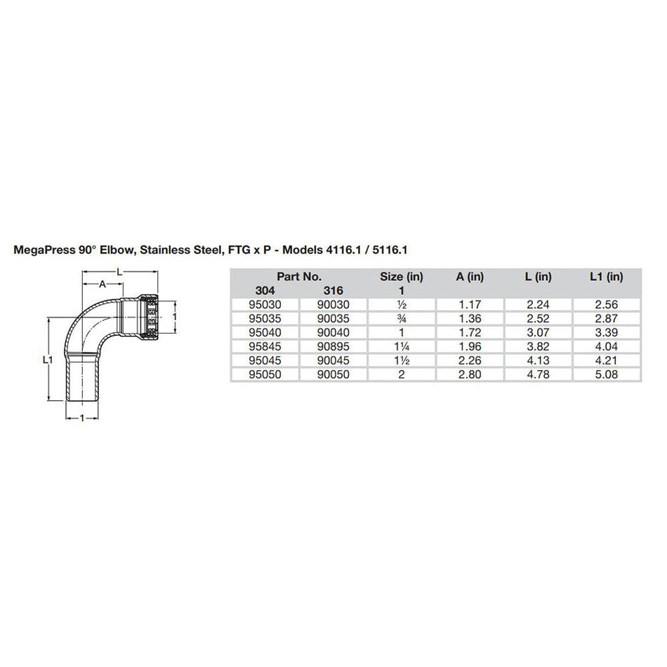Viega MegaPress 1 - 1/2" 90 Stainless Steel 304 Elbow Street - Press Connection - Smart Connect Technology - Get Tight Gear